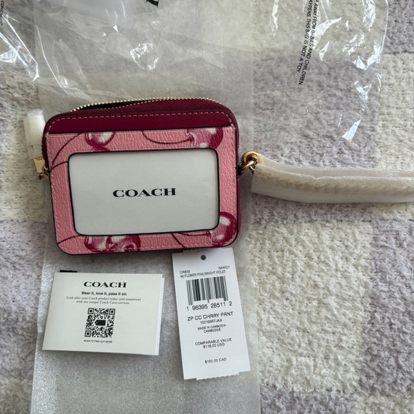 Coach Zip Card Case CR832 IM/FLOWER PINK/BRIGHT VIOLET Pink Cherry Print - Picture 3 of 6